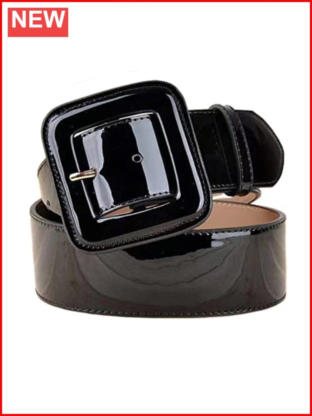Wide Patent Faux Leather Belt with Square Buckle Grommet Cinch Waist